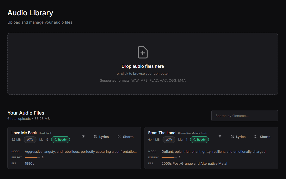 Audio Library upload screen showing your tracks ready to work with