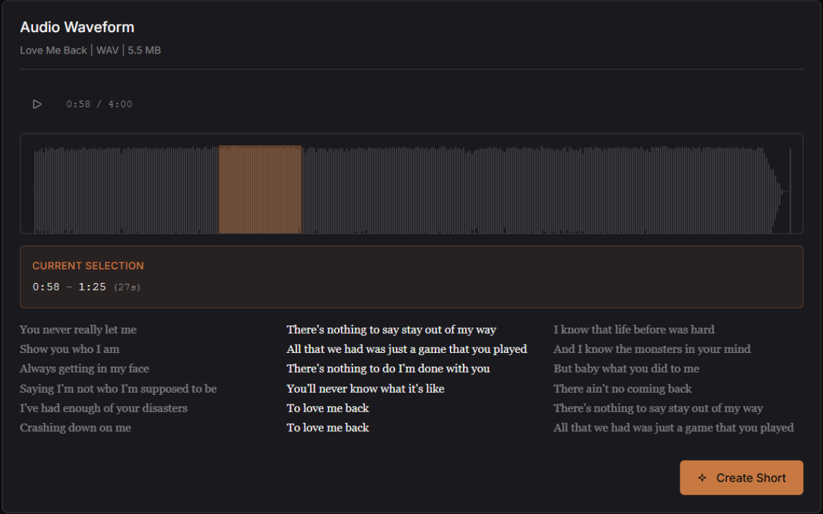 Waveform editor with a highlighted selection region and synced lyrics