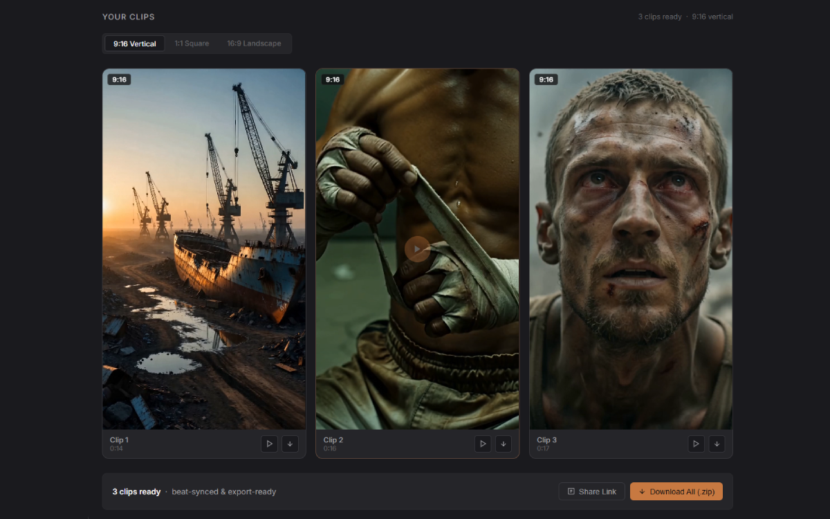 Grid of rendered video clips in multiple aspect ratios ready to download